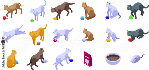 Cat playing yarn ball icons set isometric vector. Kitten animal. Cute pet posture