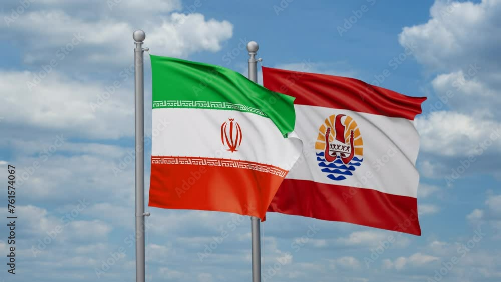 French Polynesia and Iran two flags waving together, looped video, two country relations concept French Polynesia and Iran two flags waving together, looped video, two country relations concept