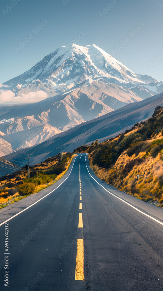 A road cuts through the natural landscape, leading towards a towering mountain in the highlands. The asphalt thoroughfare winds up the slope with plants lining the sides under the vast sky - obrazy, fototapety, plakaty 
