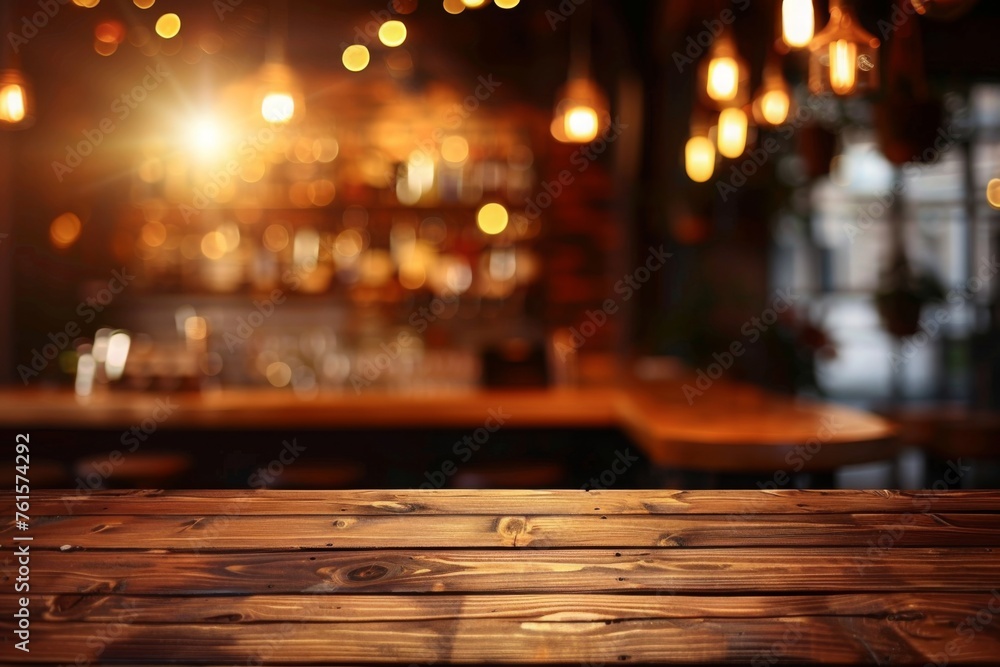 Abstract blurred wooden table in modern urban setting. Empty bar counter with bokeh lights ideal for lifestyle restaurant or cafe concepts