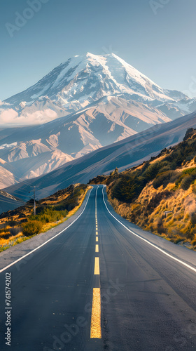 A road cuts through the natural landscape, leading towards a towering mountain in the highlands. The asphalt thoroughfare winds up the slope with plants lining the sides under the vast sky