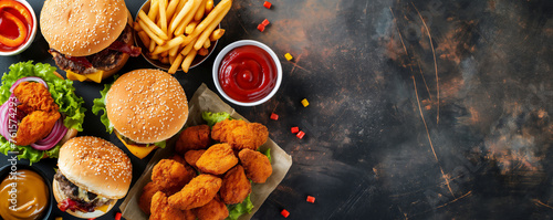 A tantalizing display of fast food favorites, from juicy burgers to crispy chicken tenders and golden fries, served on a rustic dark background photo