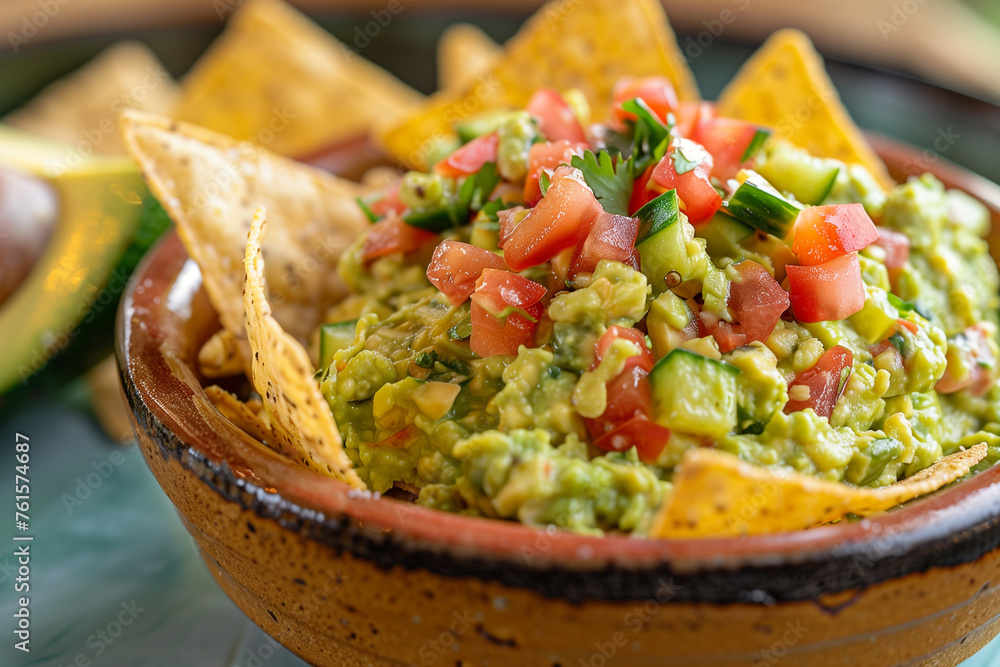 Guacamole with grilled green tomatoes, cucumber and tortilla chips