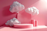 Puffy white clouds floating over a minimalist pink stage, conveying a sense of daydream, whimsy, and playful imagination in a serene setting