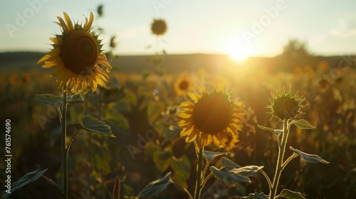 Horizon View of Serene Sunflower Field at Sunset