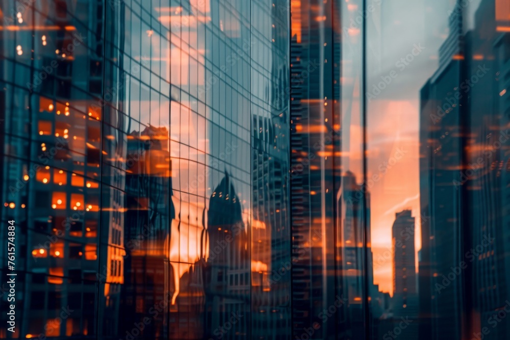 Background of future urban and corporate architecture. Real estate idea with bokeh, motion blur, and a reflection in a glass panel of a skyscraper facade.