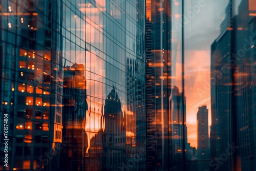 Background of future urban and corporate architecture. Real estate idea with bokeh  motion blur  and a reflection in a glass panel of a skyscraper facade.