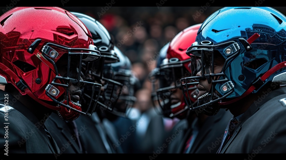 Two teams of men in football helmets stand face to face. Rivalry concept Two teams of men in football helmets stand face to face. Rivalry concept