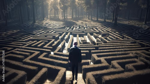 A man stands in a maze and thinks, view from the back. The concept of difficulty in making a decision photo