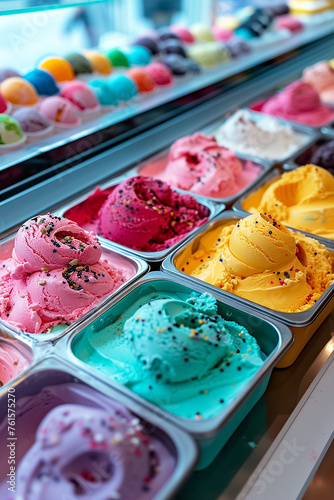  ice cream in pastel colours served in wafers with a variety of fruits and toppings.  AI generative. © Dar1930