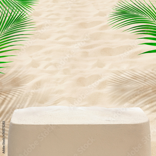 Sand stone product display with coconut leaf beach background.food and drink or summer concepts