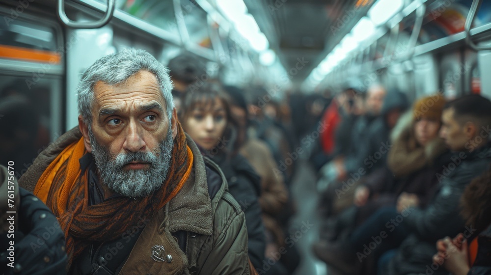Crowded subway train filled with commuters during early evening rush hour in a bustling city Crowded subway train filled with commuters during early evening rush hour in a bustling city
