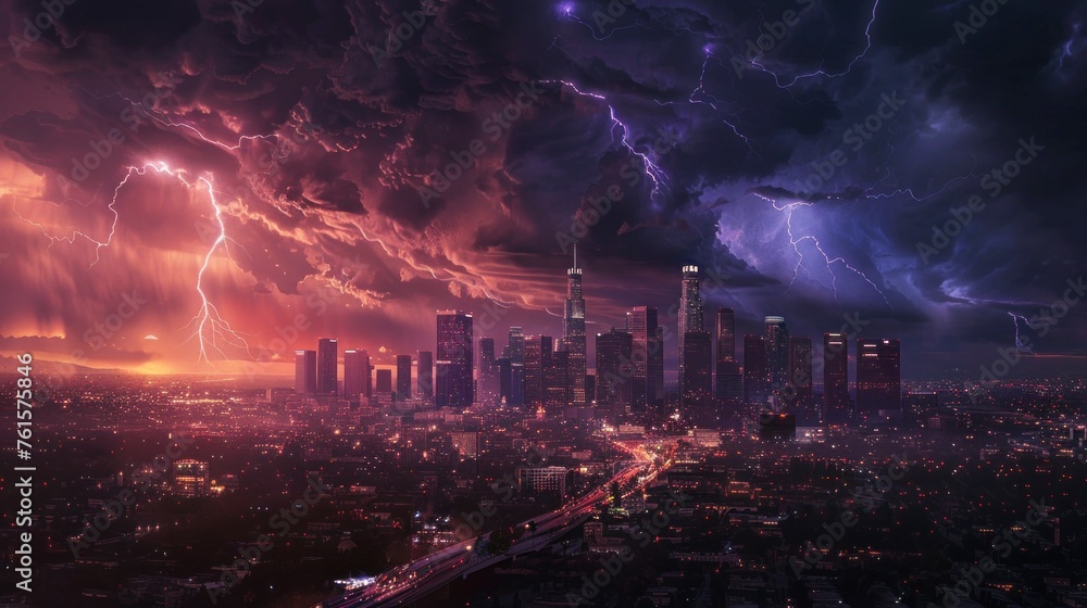 large electrical storm falling over the city of Los Angeles with thunder and lightning