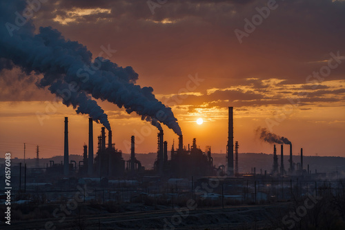 Industrial landscape with smokestacks and factories emitting carbon dioxide emissions, reflecting the negative impact of climate change on air quality © Oleksandr