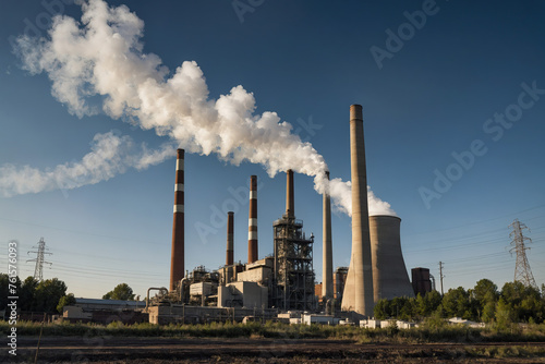 Smoke from a heating station. Emissions into the atmosphere from the chimney of an industrial plant. Smoke pipes. Ecological problem of environmental and atmospheric polluti photo