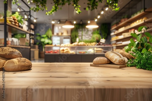 Blurred eco-friendly vegan grocery with wooden wall, parquet floor, and diverse bread selection on shelves—a backdrop for healthy shopping and interior design. photo