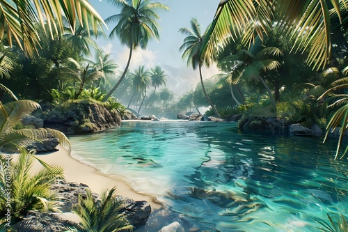 Tropical Paradise: Lush tropical landscapes with palm trees, white sandy beaches, and crystal-clear waters.