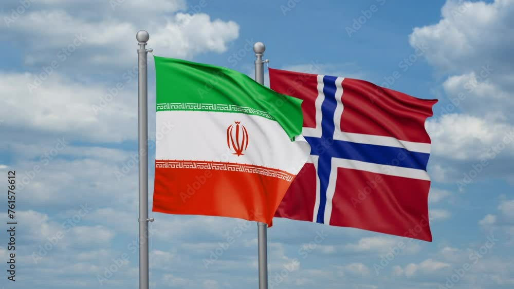 Norway and Iran two flags waving together, looped video, two country relations concept Norway and Iran two flags waving together, looped video, two country relations concept