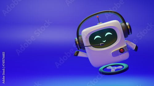 Friendly positive cute cartoon White robot with smiling face waving its hand. Customer support service chat bot. Robot assistant, online consultant. 3d illustration on Purple background 