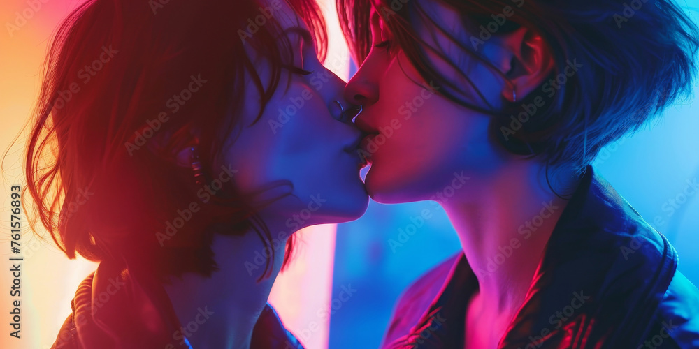Two women kissing in a neon room Two women kissing in a neon room