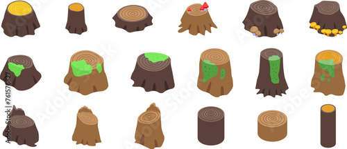Forest stump icons set isometric vector. Tree cutting stub. Ecological problem
