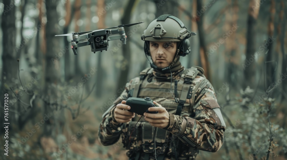 A man in camouflage is holding a remote control and watching a drone fly