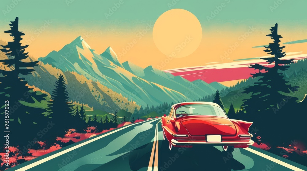Retro-style travel poster with vintage car on scenic mountain road, adventure and exploration concept - obrazy, fototapety, plakaty 