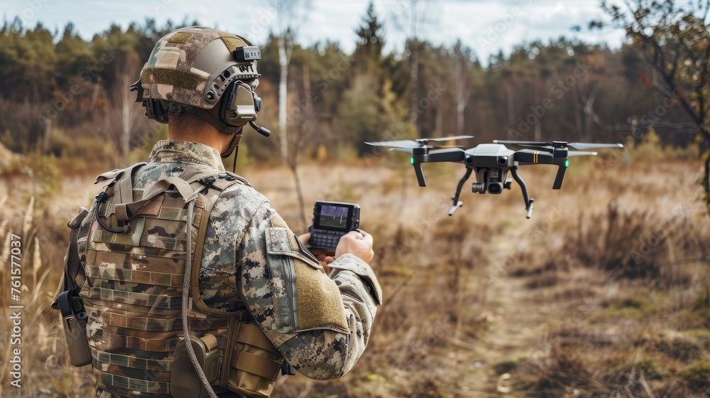 A man in camouflage is holding a remote control and watching a drone fly A man in camouflage is holding a remote control and watching a drone fly