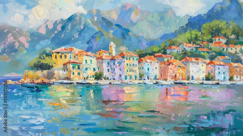 Serene Mediterranean coastal town with colorful houses and mountains, impressionist oil painting