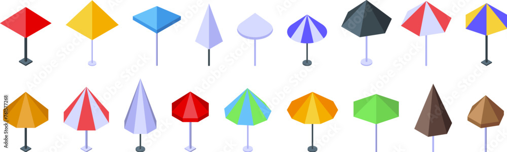 Outdoor cafe umbrella icons set isometric vector. Restaurant design. Food catering
