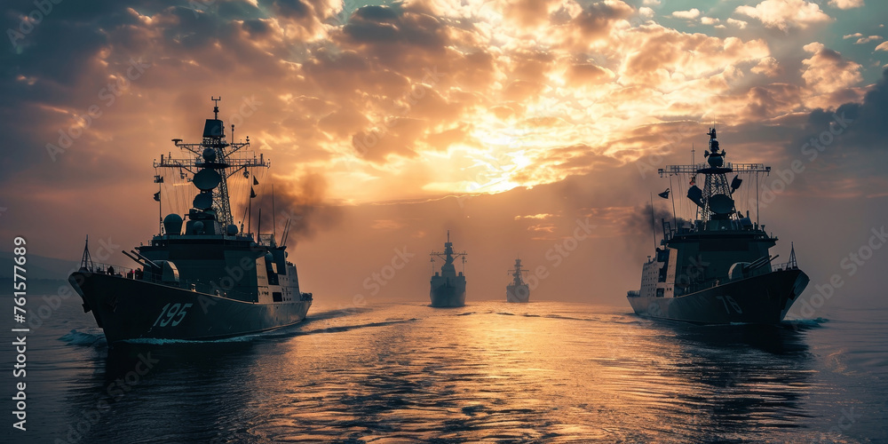 Three large military ships are sailing in the ocean at sunset Three large military ships are sailing in the ocean at sunset