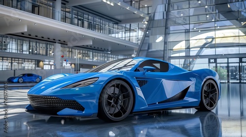 Sleek blue sports car at an auto expo, modern design and luxury concept, 3D render