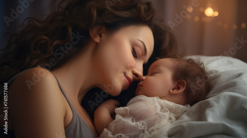 Side view of beautiful young mom and her cute little baby sleeping in bed at home