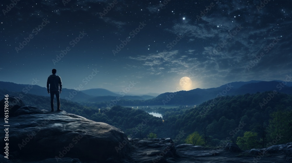 Hiker with backpack standing on hill and contemplate the full moon in starry night sky above the mountain valley.