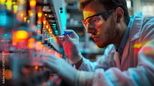 Scientist Engaged in Neon-Lit Analysis. With a pen in hand, a scientist meticulously records findings while neon lights cast a glow on the research process, symbolizing the fusion of data.