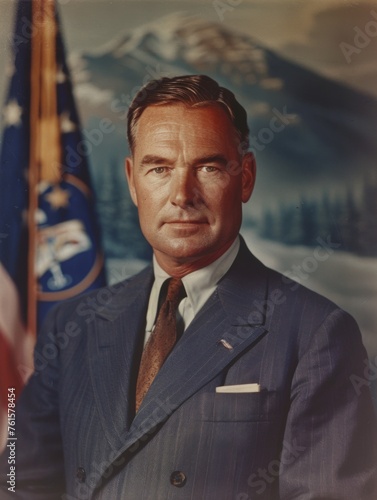 Portrait of a confident man in a suit against a mountainous backdrop with a flag, suggesting a leadership role in a formal setting