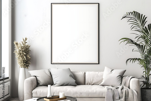 Mock up a blank wall photo frame to put the desired picture in a minimalist living room.