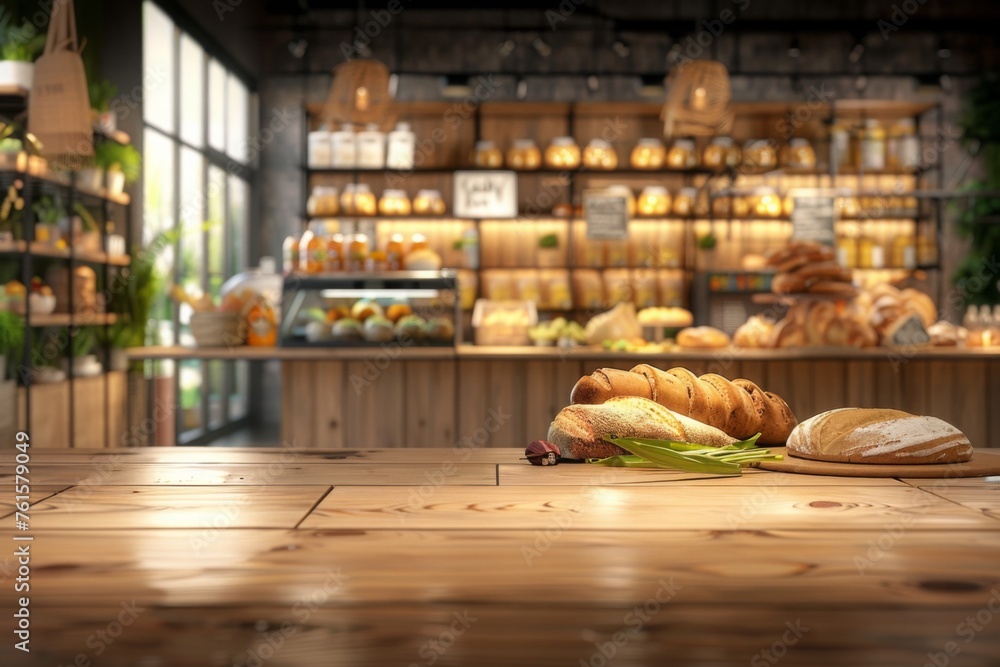 Blurred eco-friendly vegan grocery with wooden wall, parquet floor, and diverse bread selection on shelves—a backdrop for healthy shopping and interior design.