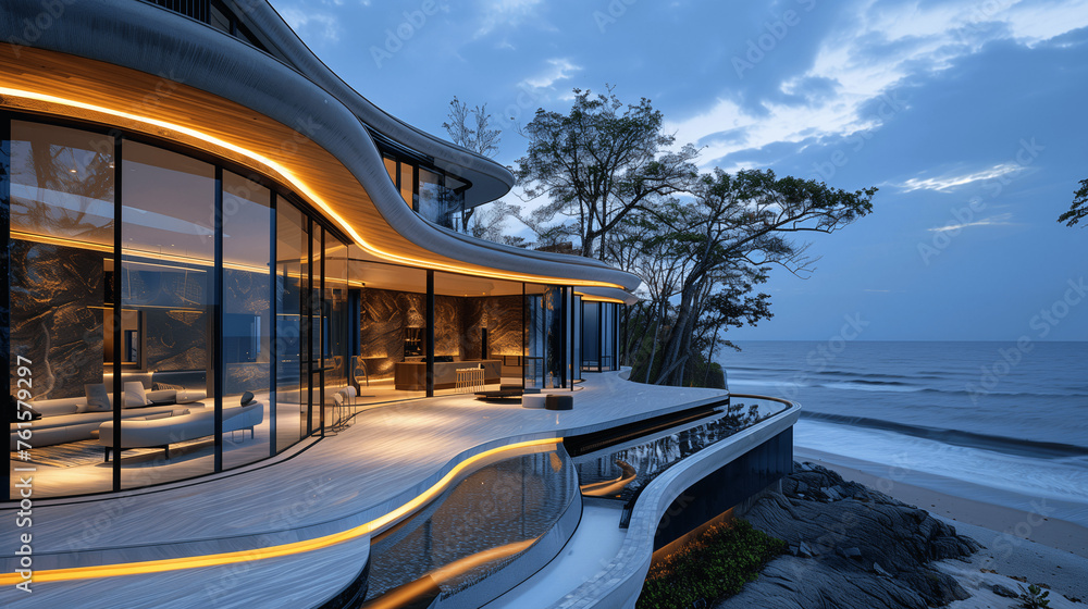 Fototapeta premium Modern Beachfront Villa with Illuminated Curved Design at Twilight