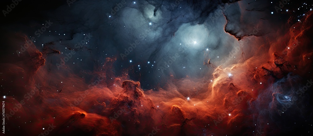 An artistic representation of a nebula in space filled with stars, gas, and dust clouds. This celestial landscape captures the beauty and mystery of an astronomical event
