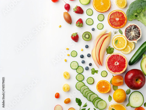 A vibrant selection of sliced fruits and vegetables neatly arranged on a bright white backdrop, perfect for a clean eating concept