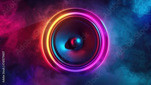 Loudspeaker on vibrant illuminated neon light background. AI generated image
