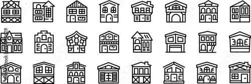 Traditional german houses icons set outline vector. Medieval village. Stone facade photo