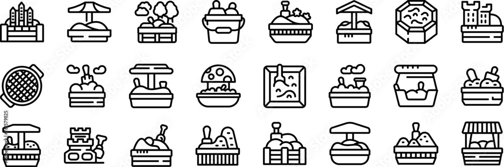 Sandbox icons set outline vector. Kid toy bucket. Park playground yard Sandbox icons set outline vector. Kid toy bucket. Park playground yard