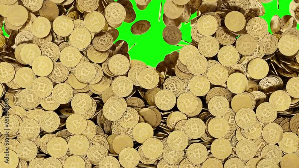 Bitcoin crypto coins falling down. Gold bitcoin cryptocurrency coins drooping and stacking. Many golden bitcoins raining down and fill in the green screen. 