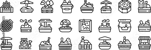 Sandbox icons set outline vector. Kid toy bucket. Park playground yard