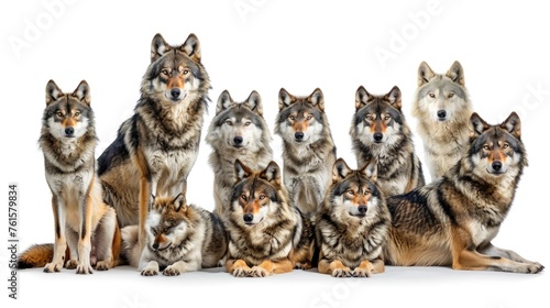 Wildlife animals wolves banner panorama long - Collection of standing, sitting, howling, lying group of wolf family with young baby, isolated on white background