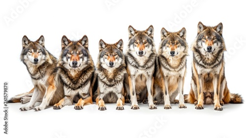 Wildlife animals wolves banner panorama long - Collection of standing  sitting  howling  lying group of wolf family with young baby  isolated on white background