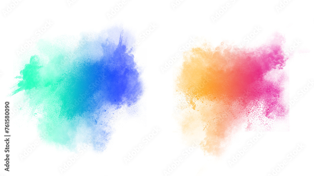 Blue & Orenge Powder Explosion On White Background, Colour  Graphic