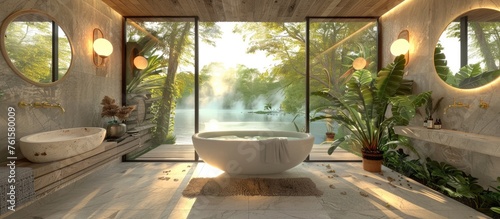 Serene Bathroom with Lake View and Tropical Plants  Exuding Luxury and Eco-Friendly Comfort